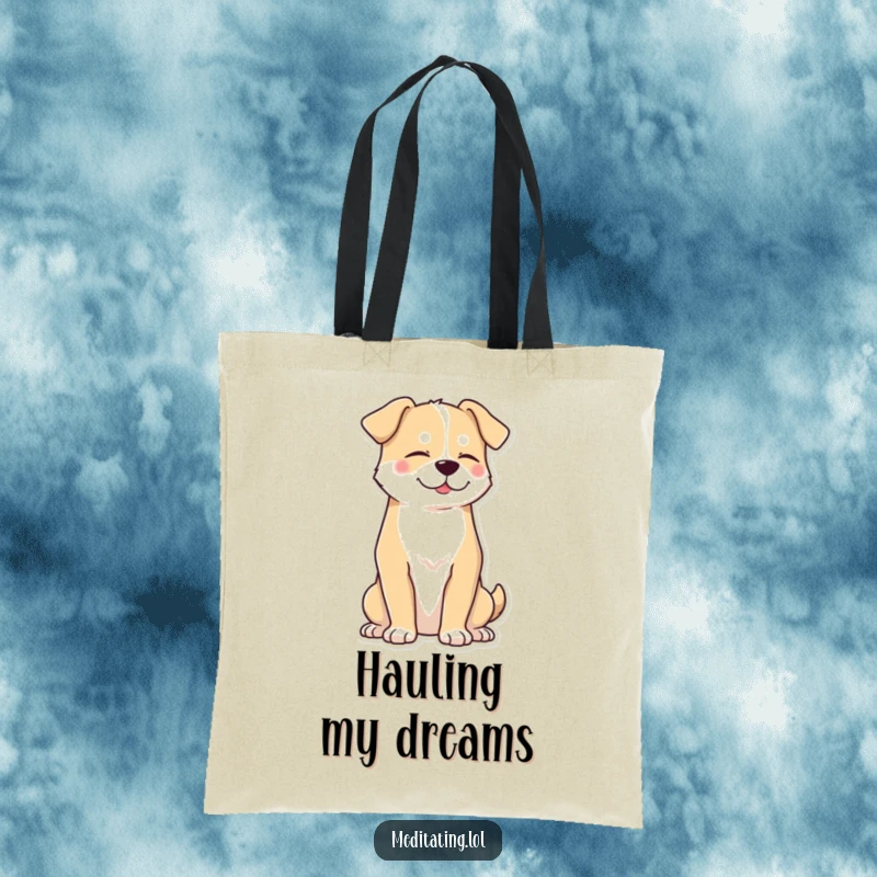 Funny dog tote bag with a proud dog sitting upright with eyes closed, projecting calm and serenity.