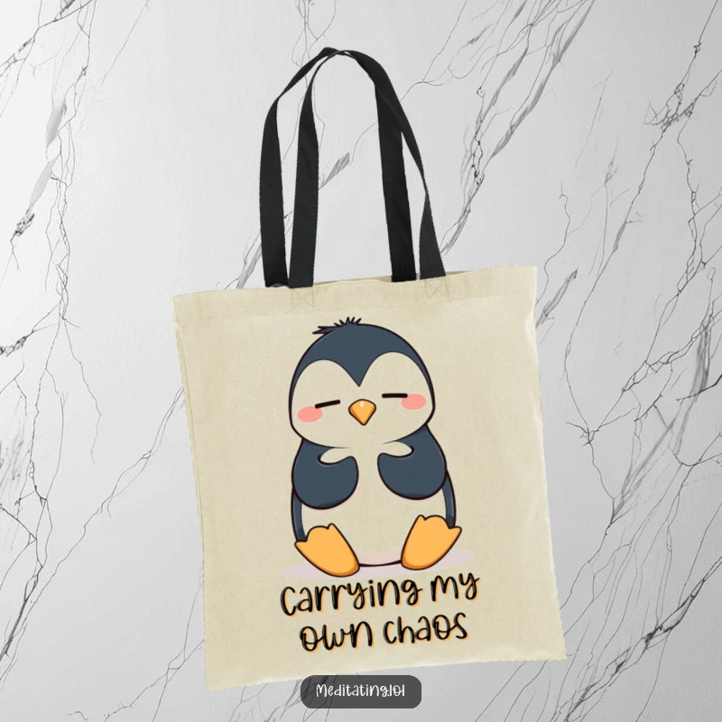 Funny penguin tote bag showing a silly penguin in a wobbly meditation pose, ideal for carrying items with humorous, charming flair.