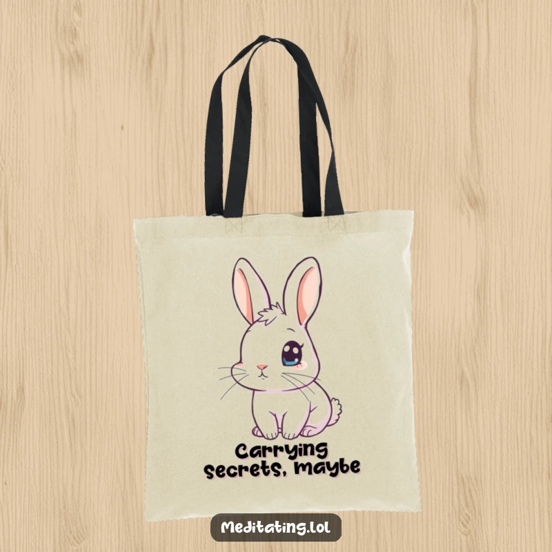 Funny rabbit tote bag showing a curious rabbit with one eye open, ideal for carrying items with humorous, watchful flair.
