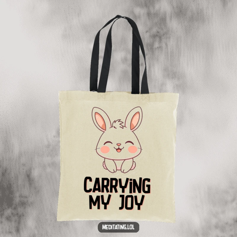 Funny tote bag showcasing a happy rabbit’s serene smile with closed eyes, perfect for a cheerful, humorous vibe.
