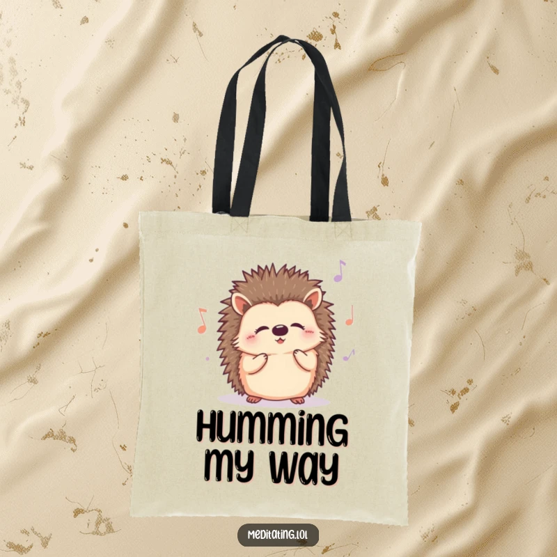 Funny Hedgehog Tote Bag showcasing a cute, curious hedgehog humming a joyful, contented melody, ideal for shopping or daily use.