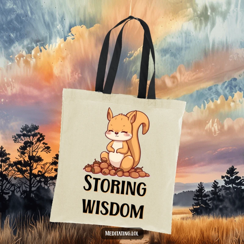 Funny squirrel tote bag, a curious squirrel meditating with acorns, eco-friendly and functional. A humorous accessory for daily use.